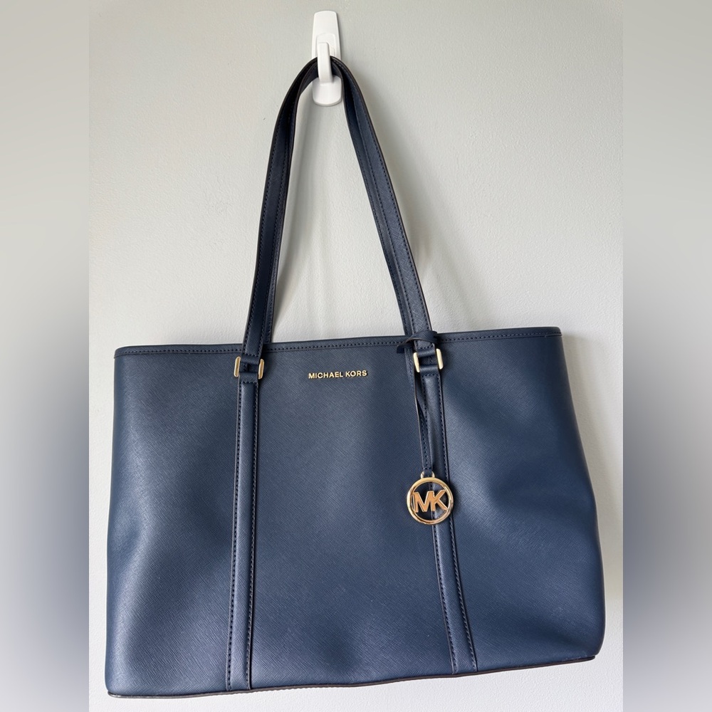 Michael Kors Navy Leather Tote with Gold MK Charm